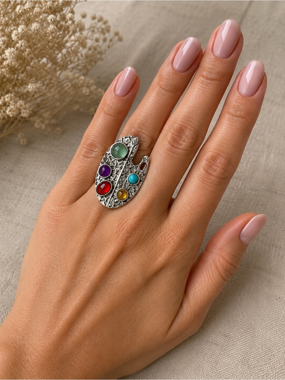 Anthropologie Artist Palette Statement Ring Multicolor Cabochon Silver Tone OS